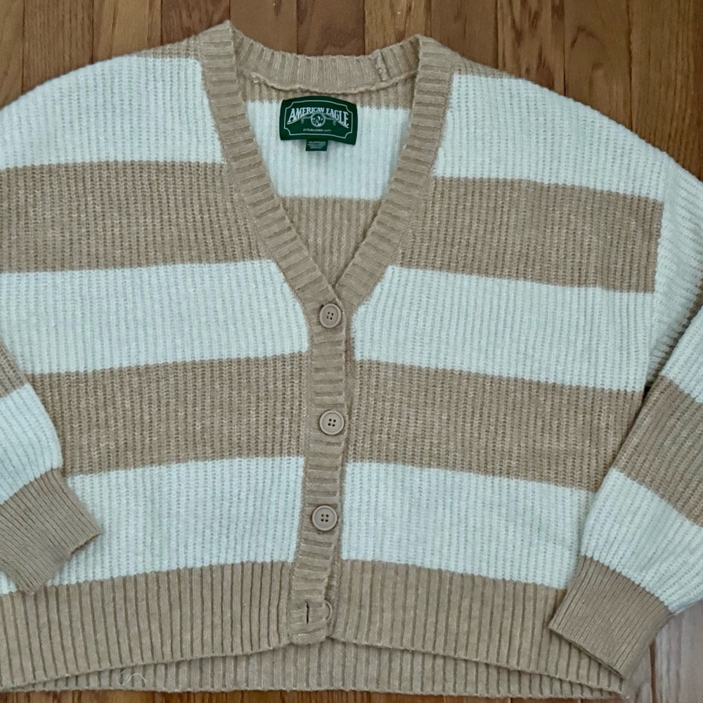 American Eagle Outfitters Tan and White Striped Cardigan